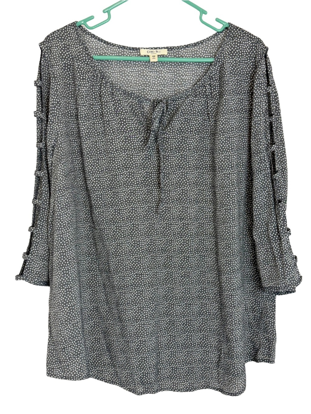 3/$20 Como Blu Dark Gray & White Dot Tie-Neck 3/4 Sleeve Blouse